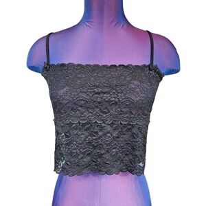 Vintage Y2K Black Stretch Lace Sheer Cropped Cami Top Size Medium Women's P23‎